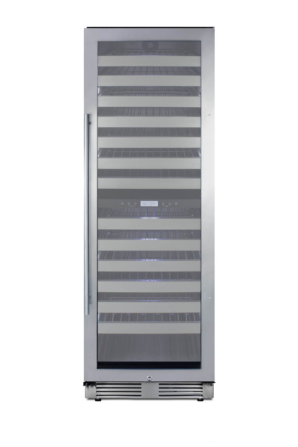 Dual zone 163 bottle commercial wine cellar for built-in or freestanding use, with stainless steel cabinet, a glass door with seamless stainless steel trim, digital thermostat, full-extension shelving, and factory-installed lock